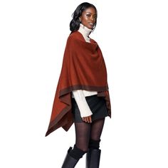 Women's Bronze Ruana Shawl Shoulder Strap Wrap Poncho Featuring Dark Brown Border Detail. Can be worn as closed ruana poncho or as shawl wrap. One Size. 27.9" x 43.3". Lightweight Soft Knit Sweater Material. 100% Polyester. Brown Poncho For Layering, One Size, Shawl Poncho For Layering, One Size Shawl Poncho For Layering, Brown One Size Cape, Red Shawl Wrap For Fall, Fall Pashmina Shawl One Size, Brown Shawl Wrap For Fall, One Size Fall Pashmina Shawl, Brown Scarf Wrap For Fall