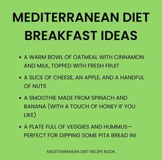 a green poster with the words mediterranean diet breakfast ideas