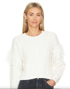 $99 Love the cable knit and ruffle/fringe 2022 Sweater, Early Fall Fashion, White Pullover Sweater, Sportswear Collection, Independent Woman, December 19, Cable Sweater, Independent Women, Working Woman