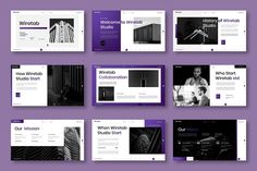 six different webpages with purple and black colors, including the wordpress theme