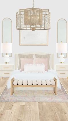 a bedroom with white walls and wooden floors, a chandelier hanging over the bed