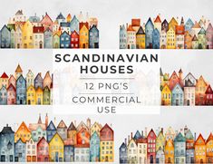 the scandinavian houses are painted in watercolor and have been drawn by hand with pencils