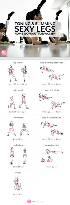 Get lean and strong with this sexy legs workout. 9 toning and slimming leg exercises to work your inner and outer thighs, hips, quads, hamstrings and calves. http://www.spotebi.com/workout-routines/sexy-legs-workout-women-toning-slimming/ Legs Workout For Women, Leg Workout Women, Leg Workout At Home, Trening Abs, Legs Workout