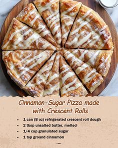 🍕✨ Cinnamon-Sugar Pizza made with Crescent Rolls ✨🍕 A sweet and easy dessert pizza with a crispy crescent roll crust, topped with buttery cinnamon-sugar goodness and drizzled with icing—a perfect treat for any time of the day!  Ingredients: 1 can (8 oz) refrigerated crescent roll dough 2 tbsp unsalted butter, melted 1/4 cup granulated sugar 1 tsp ground cinnamon 1/4 cup powdered sugar 1 tbsp milk (for icing) 1/2 tsp vanilla extract (for icing) Directions: 1. Preheat Oven: Preheat your oven to 375°F (190°C) and lightly grease a baking sheet or pizza pan. 2. Roll Out the Dough: Unroll the crescent roll dough and press it onto the prepared baking sheet to form a large rectangle or circle, pinching the seams together to create a smooth crust. 3. Add the Cinnamon-Sugar Topping: Brush the melt Crescent Roll Cinnamon Sugar Pizza, Cinnamon-sugar Pizza Made With Crescent Rolls, Cinnamon Pizza Dessert, Cinnamon Sugar Pizza With Crescent Rolls, Easy Dessert Pizza, Crescent Roll Crust, Sweet Pizza, Dessert Snacks