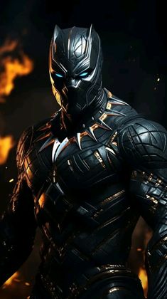 the black panther is standing in front of flames