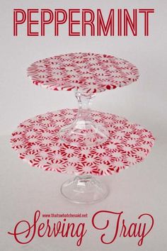 two tiered serving trays with red and white designs on them, the words peppermint served