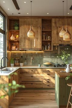 a kitchen filled with lots of wooden cabinets and counter top space next to a window