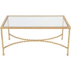 a glass top coffee table with gold metal frame and roped design on the bottom