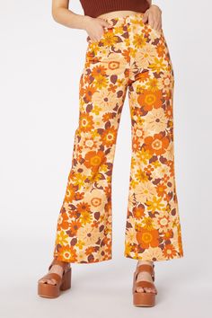 tonal floral flare jeans - a gorgeous 60’s inspired bold and vibrant floral. Super fun and very pretty!! - crafted from mid weight cotton drill - high waisted rise - full length flare leg - front zipper and button closure - side pockets - available in gold Product Code: PGFT023118 Goods And Services, Front Zipper, Flare Jeans, Fabric Care, Pajama Pants, Full Length, High Waisted, Zipper, Floral