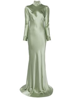 sage green linen/silk halterneck long sleeves long length backless plunge style bias cut silk lining Fitted Silk Gown With Back Opening, Long Silk Gown For Formal Occasions, Green Silk Formal Gown, Green Silk Dress Long Sleeve, Chic Green Silk Gown, Green Silk Luxury Maxi Dress, Green Silk Long Sleeve Maxi Dress, Luxury Green Silk Chiffon Maxi Dress, Gown Green