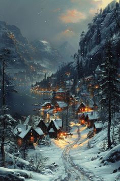 a painting of a snowy mountain village at night with lights on the houses and trees