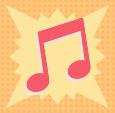 a music note with an orange background and yellow stars around it, in the shape of a sunburst