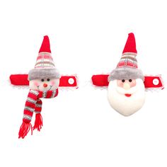 two christmas decorations with santa and snowman faces