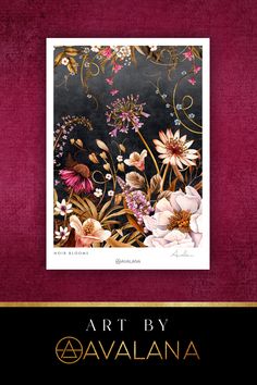 the cover of art by avaalana, featuring flowers and leaves on a black background