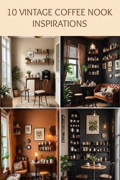 Explore 10 beautiful vintage coffee nook inspirations featuring warm decor, comfy seating, and charming accessories known to create a cozy and inviting atmosphere, emphasizing a nostalgic vibe with 4 captivating images.