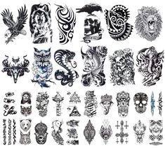 an assortment of temporary tattoos on white paper with black and white ink, including the letter s