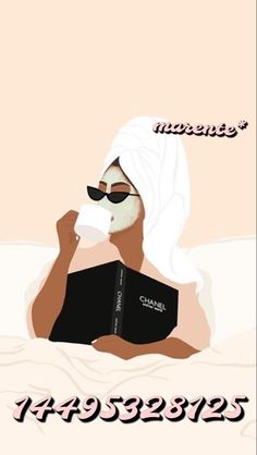 a woman with a towel on her head is reading a book and drinking from a cup