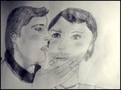 a pencil drawing of a man and woman looking at the same person's face