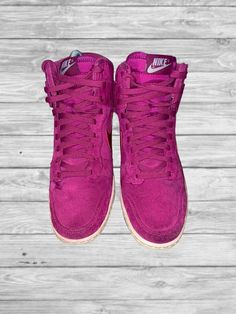 Nike Dunk Sky Hi Suede Hidden Wedge Magenta Sneakers Women’s Size 7.5  | eBay Nike Casual Suede High-top Sneakers, Casual Pink Wedge Sneakers For Sports, Casual Pink Wedge Heel Sneakers, Low-top Suede Wedge Sneakers, Suede Low-top Wedge Sneakers, Athletic Shoes Nike, Dunks Nike, Sneakers Women, Nike Dunk