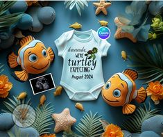 Digital Pregnancy Announcement | Customize Disney Finding Nemo Theme | Trendy Custom Apparel Baby Anouncment Ideas Announce Pregnancy, Finding Nemo Baby Shower Ideas, Nemo Baby Shower Ideas, Baby Reveal Ideas Announcement, Disney Baby Announcement, Expecting Baby Announcement, Disney Pregnancy Announcement, Finding Nemo Theme, Nemo Baby Shower