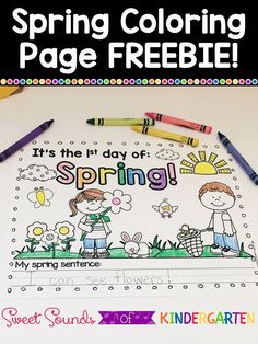 the spring coloring page is shown with crayons and pencils on top of it