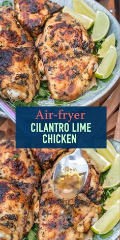 two plates with chicken on them and the words air - fryer cilantro lime chicken