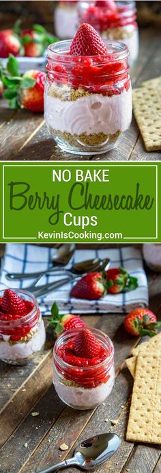 no bake berry cheesecake cups with graham crackers and strawberries in the background