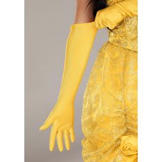 a woman wearing yellow gloves and a dress