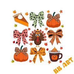 an image of thanksgiving clip art with turkeys and pumpkins on white background for scrapbook pages