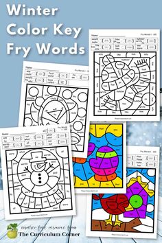 the winter color key fry words activity is shown with four different pictures and text on it