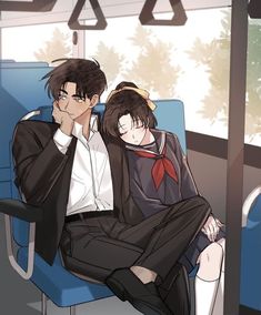 two people sitting on a bus with their backs to each other, one holding his head