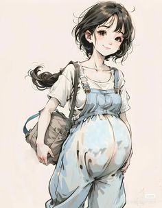 a drawing of a pregnant woman in overalls and holding a bag with her hand on her hip