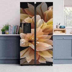 an image of a refrigerator with flowers painted on the door and in front of it