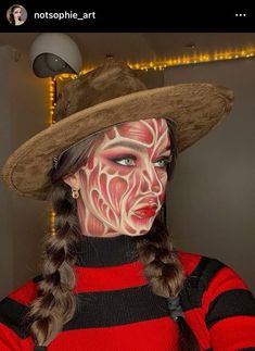 Freddy Krueger Sfx Makeup, Leatherface Makeup Halloween, Women's Freddy Krueger Makeup, Freddy Krueger Make Up Women, Diy Freddy Krueger Makeup, Freddy Kruger Make Up Simple, Halloween Characters Makeup, Freddy Krueger Costume Women Makeup, Freddy Krueger Costume Makeup