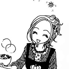 a cartoon girl holding an apple in her hand and looking at the bowl she is holding