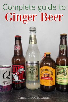 the complete guide to ginger beer is shown in front of several bottles and two cans