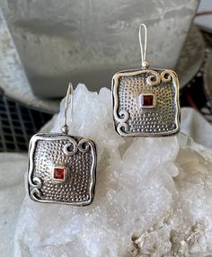 Bold Modernist Red Garnet Square Sterling Silver Vintage Earrings Red Sterling Silver Single Earring, Sterling Silver Single Red Earring, Single Red Sterling Silver Earring, Red Sterling Silver Pierced Earrings, Red Sterling Silver Earrings For Pierced Ears, Elegant Ruby Earrings Nickel-free, Elegant Ruby Earrings Nickel Free, Red Single Earring As Gift, Single Red Earring For Gift