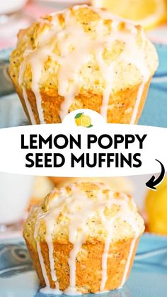 two lemon poppy muffins on a blue plate with the title overlay reads, lemon poppy seed muffins