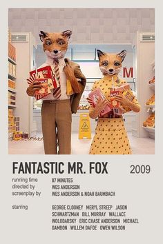 the poster for fantastic mr fox starring as two foxes in front of a store window