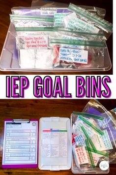 an image of some items in a plastic bag with the words iep goal bins