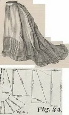 an old fashion dress pattern with ruffles on the bottom and side, as well as