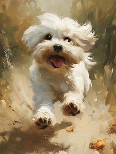 a painting of a small white dog running on the ground with its mouth open and tongue out