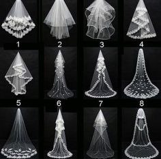 wedding veils with flowers and pearls are shown in different sizes, shapes and colors