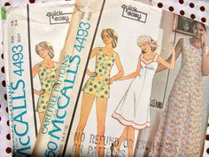 three vintage sewing patterns for women's dresses and skirts, one with a headband