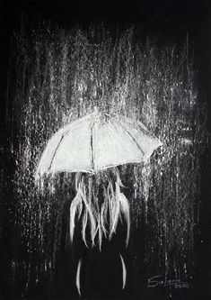 a black and white photo of a person holding an umbrella in the rain with water droplets on them