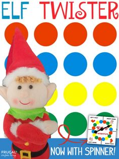 a stuffed toy elf is standing in front of a poster with circles and dots on it