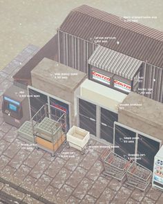 an aerial view of the outside of a building with several different types of furniture in it