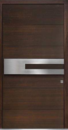 a modern wooden door with metal handle on the front and side panels, in dark wood