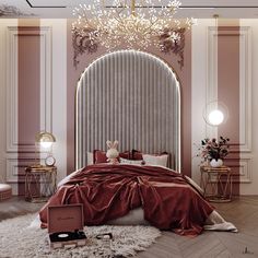 an elegant bedroom with pink walls and gold accents, including a chandelier above the bed