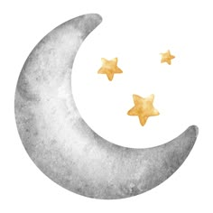 the moon and three stars are painted in watercolor on white paper with gold foil